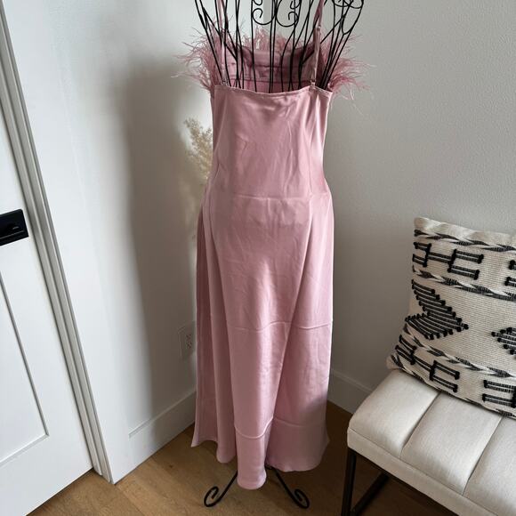 Blu Pepper Pink Satin Slip Midi Dress Faux Feather Trim NWT Medium - Picture 7 of 12